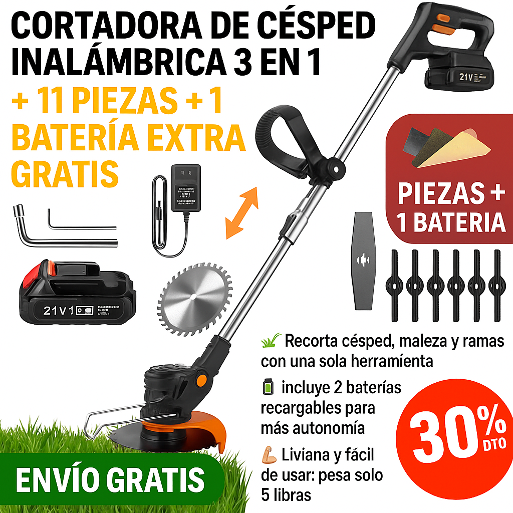 Cortadora de césped inalámbrica 3 en 1 + 11 piezas + 1 batería extra GRATIS