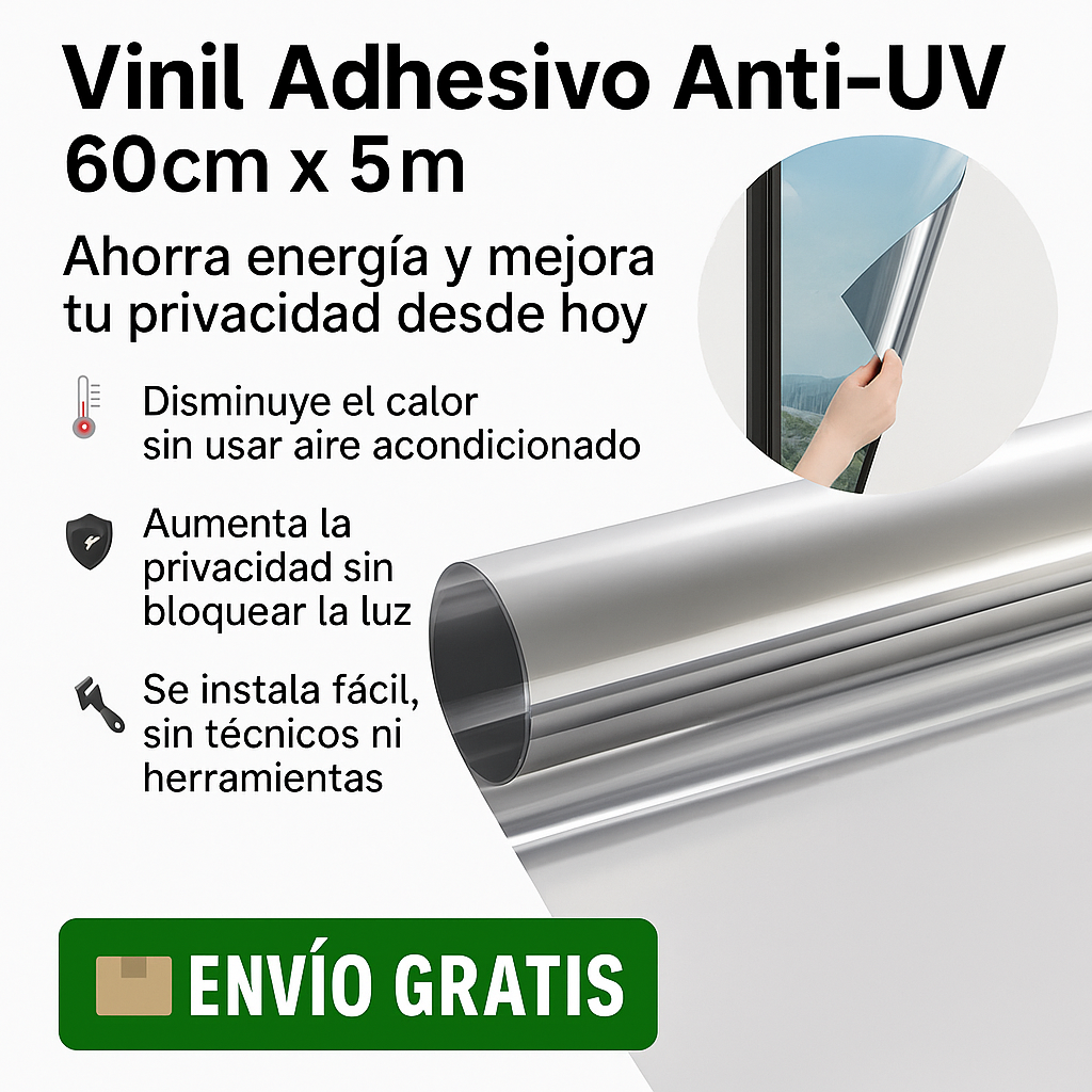 1 Rollo Vinil Adhesivo Anti-UV 60cm x 5m – Reduce el calor y ganá privacidad en minutos