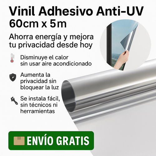 1 Rollo Vinil Adhesivo Anti-UV 60cm x 5m – Reduce el calor y ganá privacidad en minutos